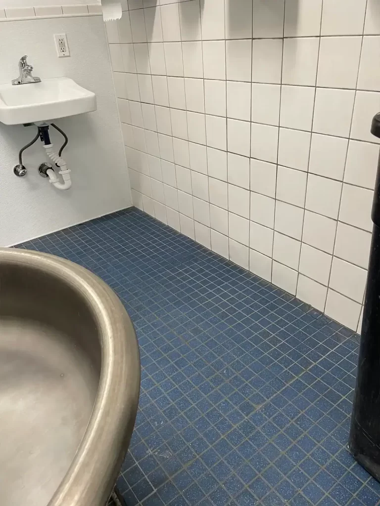 Clean bathroom tile floor after janitorial scrubbing and wash.